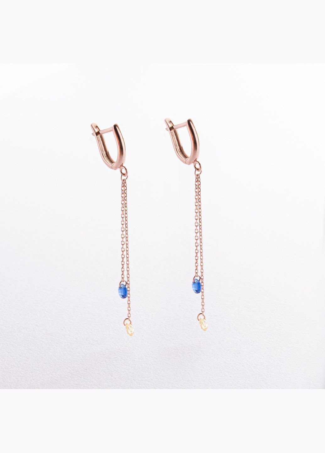 Висячі золоті сережки Українка (блакитні та жовті фіаніти) с08384 Oniks (264022972)