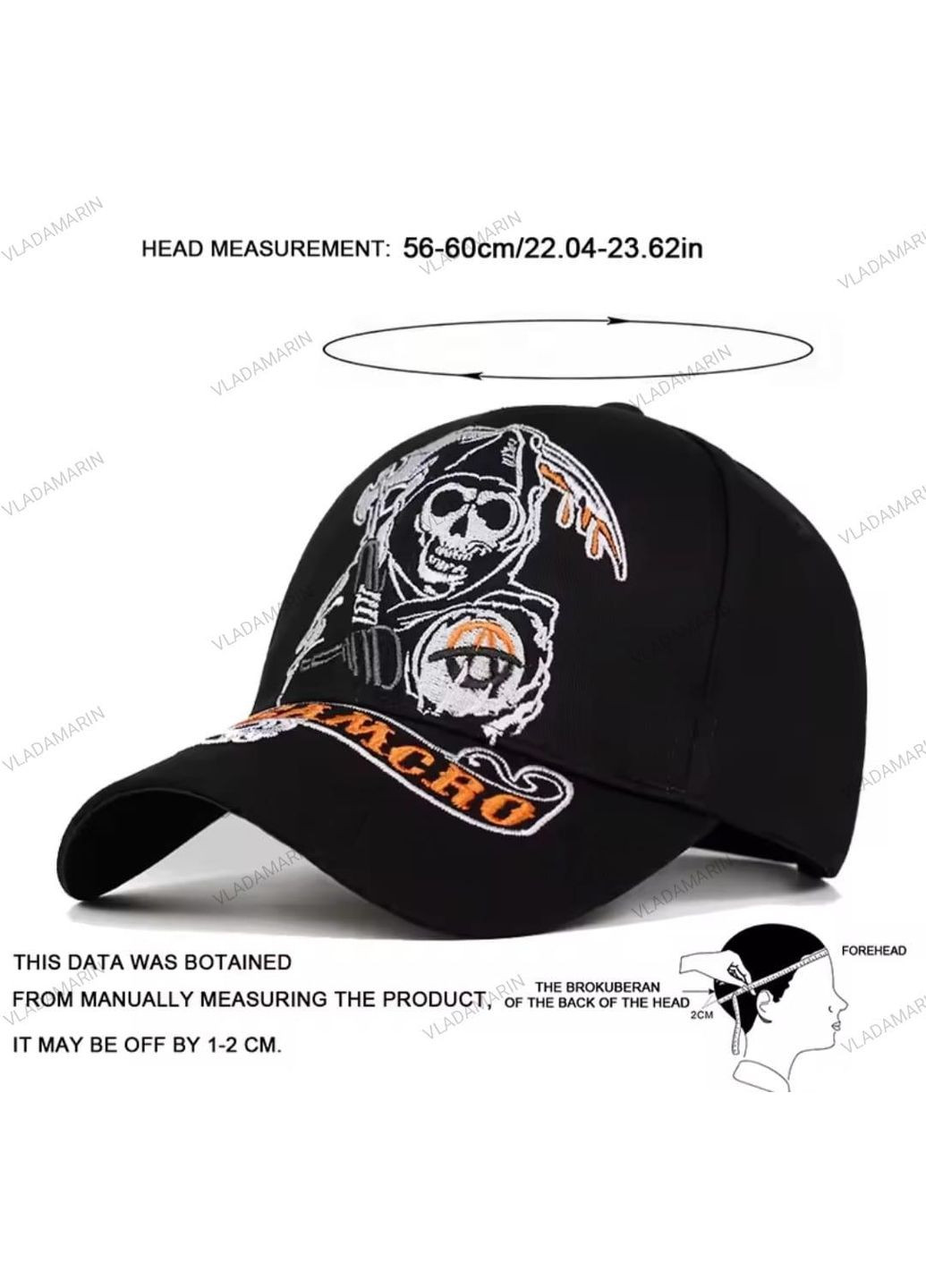 Кепка чорна з кольровою вишивкою черепа,готична бейсболка з вигнутим козирком(Смерть з косою),унісекс DU&KA (370784257)