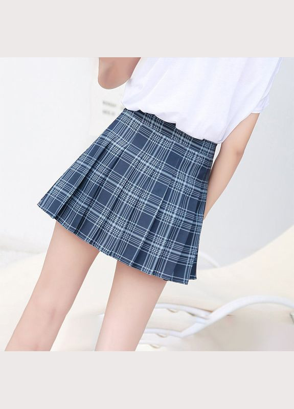 Синяя спортивная, офисная юбка клетчатая короткая с шортиками темно-синяя No Brand