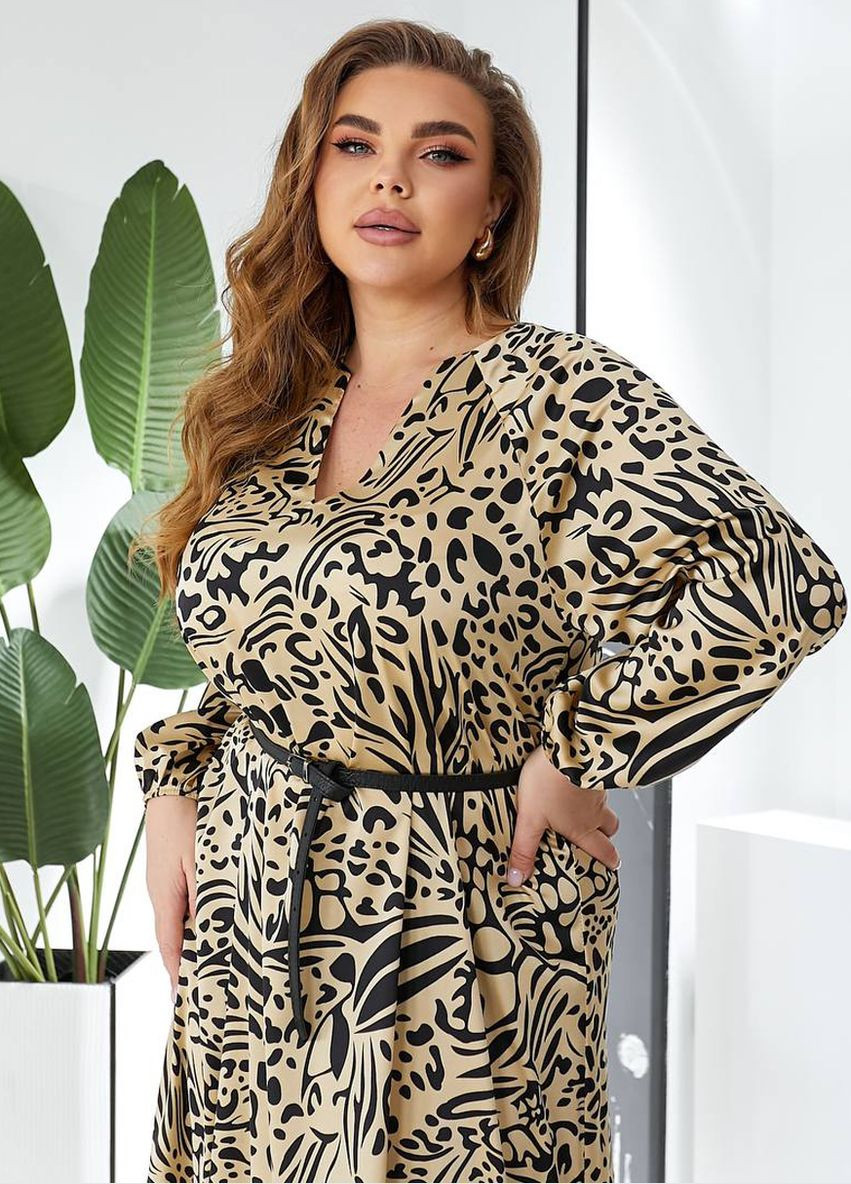 Бежева ділова, повсякденний, святковий сукня міді з шовку армані а-силует Modena з абстрактним візерунком