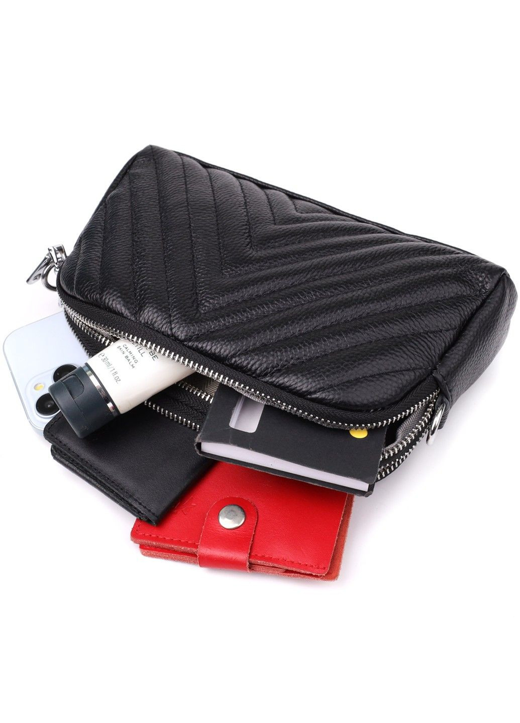 Стильная сумка прошита треугольниками из натуральной кожи 22909 Черный Vintage (356452203)