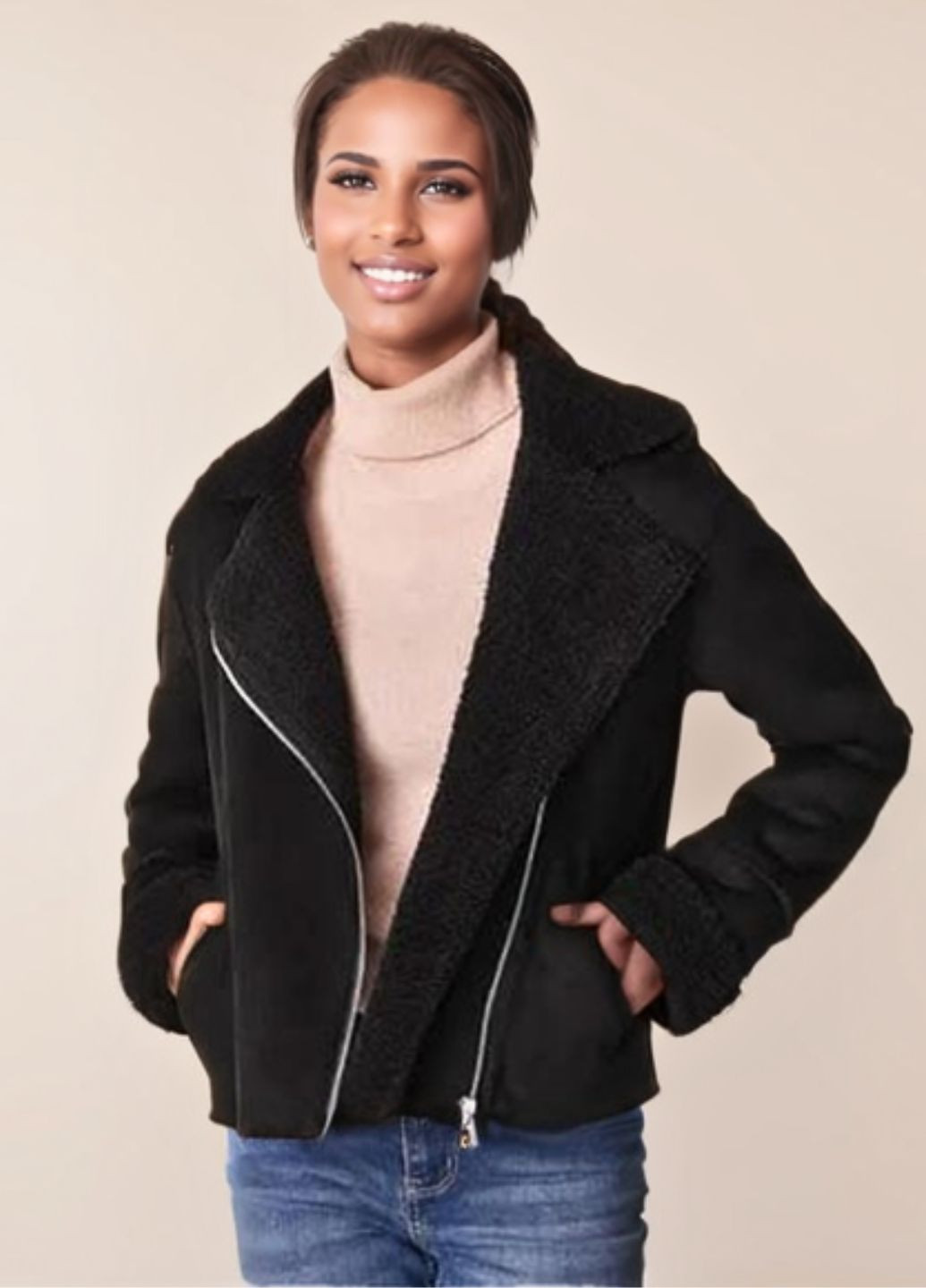 Черная демисезонная облегченная женская куртка-дубленка из экозамши с искусственным мехом косуха, байкерская Esmara