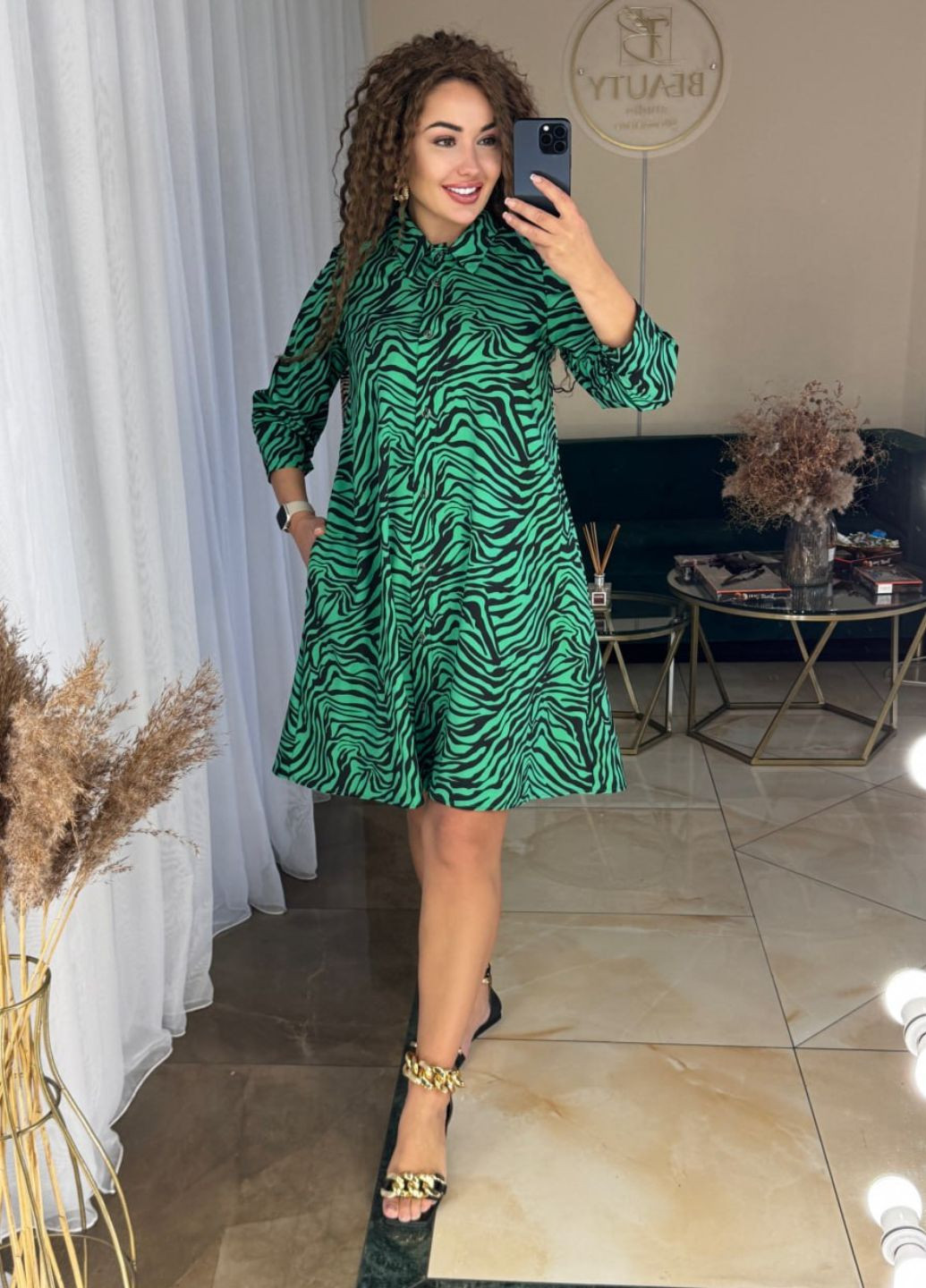 Зелена повсякденний стилізована сукня із зебровим візерунком No Brand зебра