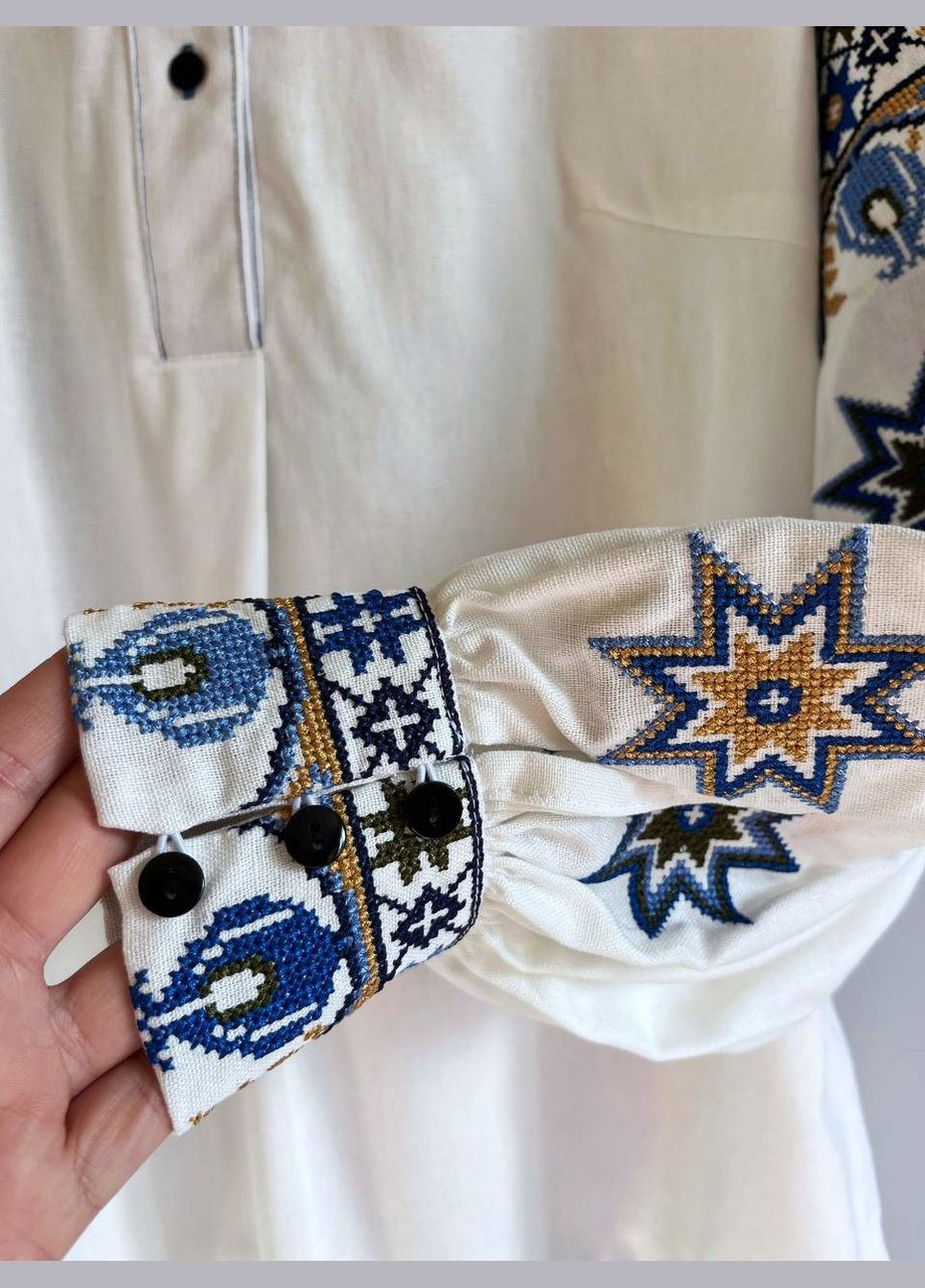 Молочна жіноча лляна вишиванка з геометричним орнаментом машинна вишивка етно блуза візерунок орнамент приталена, вільна, пряма льон (332961054)