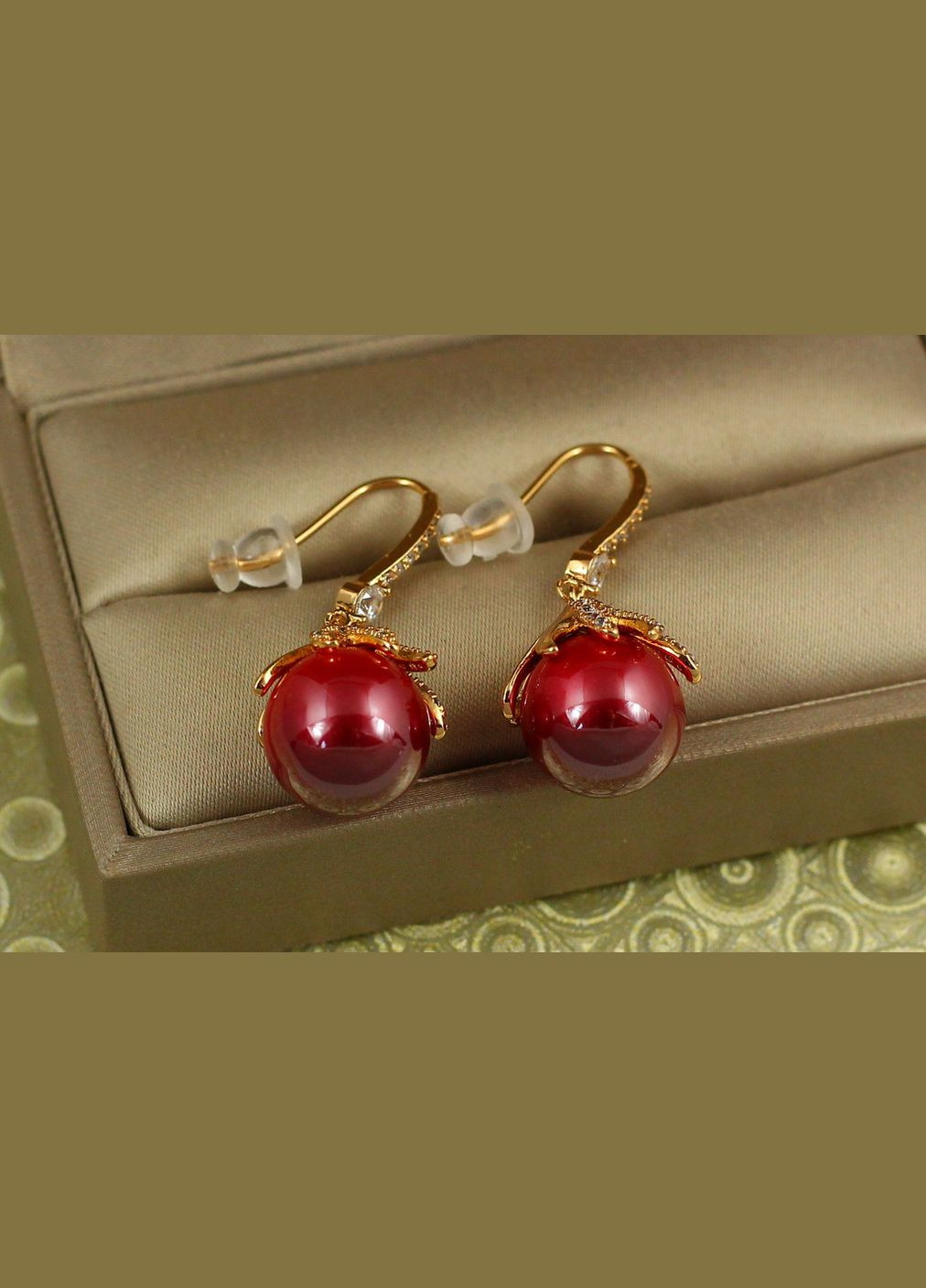 Сережки ліщина з червоною перлиною 3,3 см золотисті Xuping Jewelry (343051326)
