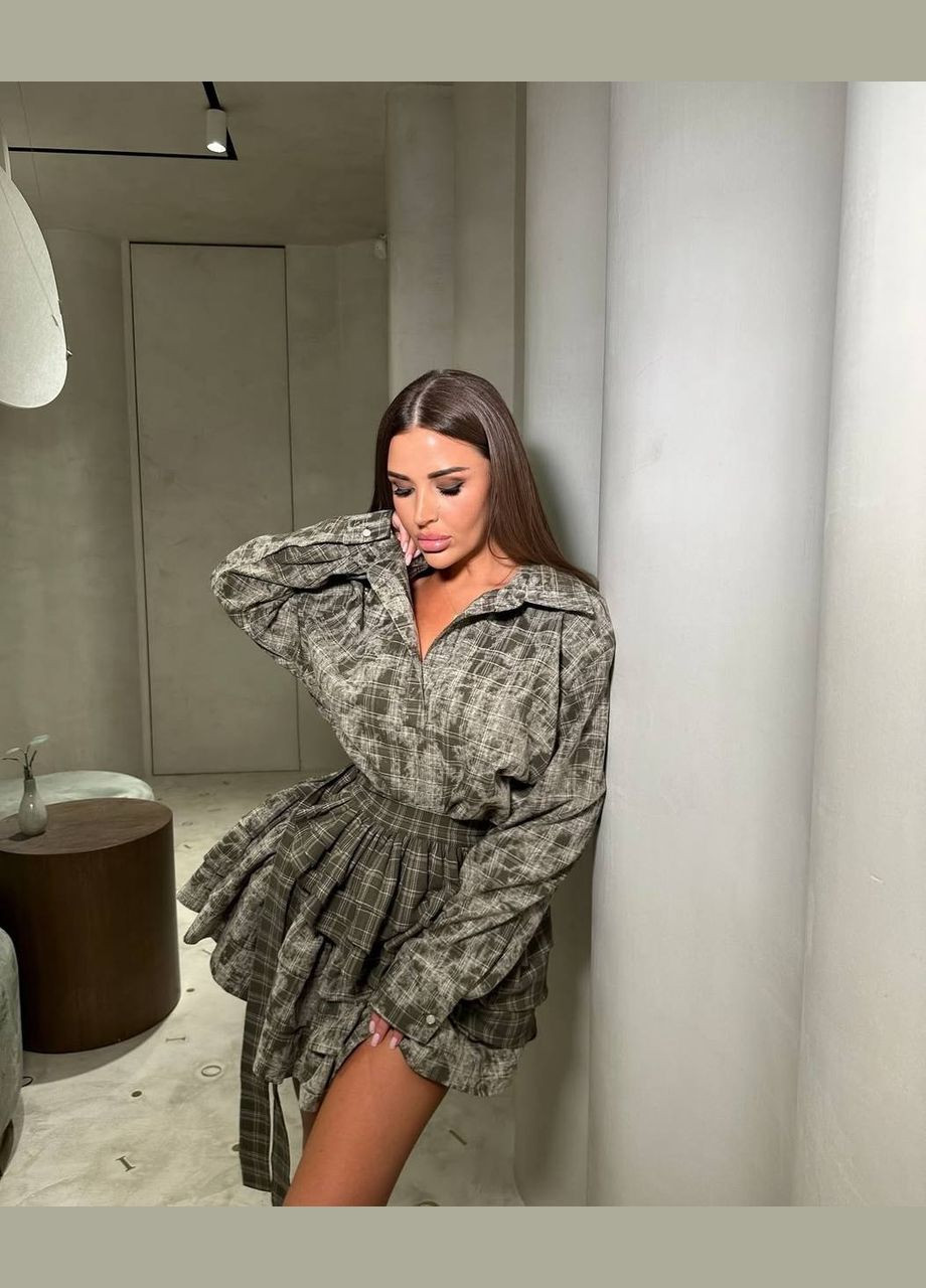 Оливкова (хакі) святковий, кежуал, коктейльна, вечірня жіноча сукня з баскою FINO Mode в клітинку