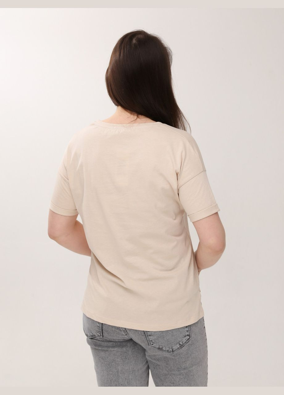 Бежева літня футболка жіноча бежева пряма з принтом з коротким рукавом MDG Пряма