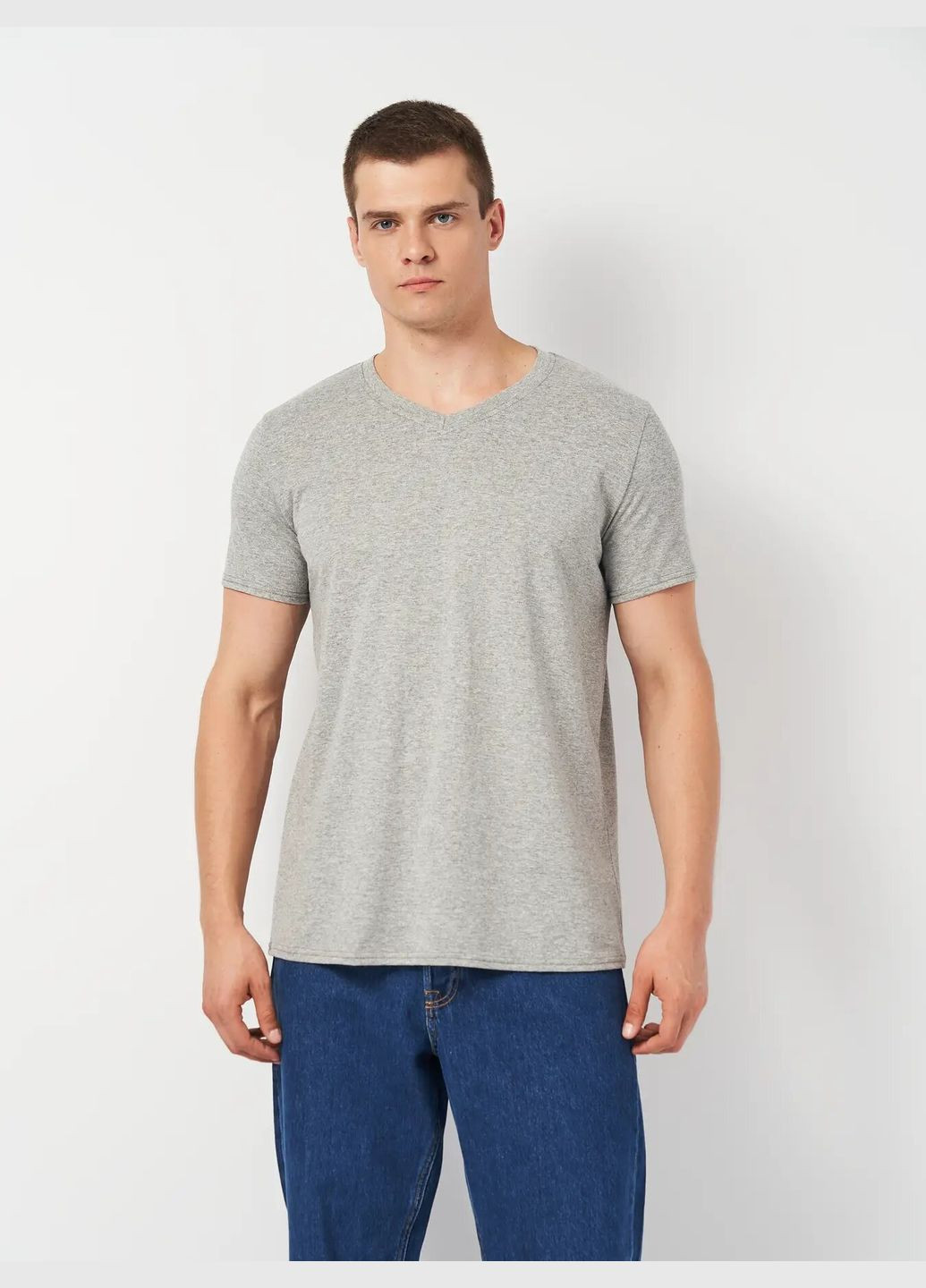 Світло-сіра футболка чоловіча полегшена з трикутним воротом з коротким рукавом Роза