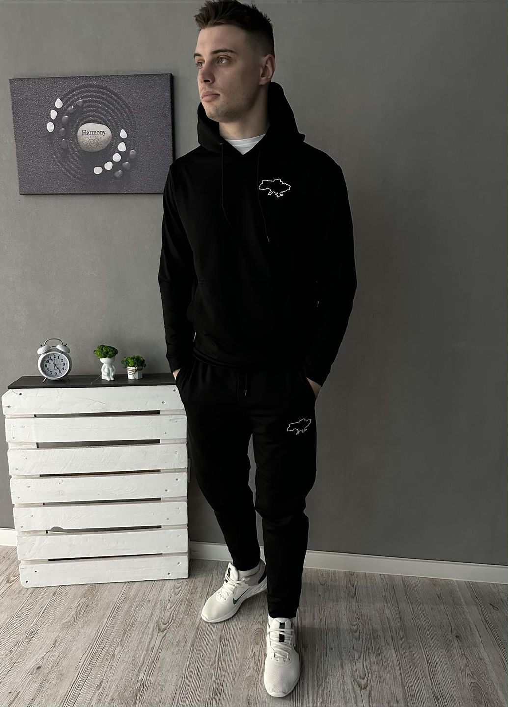 Чоловічий демісезонний спортивний костюм Карта України чорний худі + штани (двонитка) No Brand (370022041)