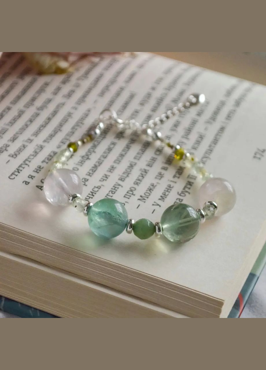 Браслет натуральний камінь Флюорит+Преніт+Жадеїт+Циркон+Гранат, фур-ра гіп-ний сплав d-12-2мм+- L-18-23см No Brand браслет (303359761)