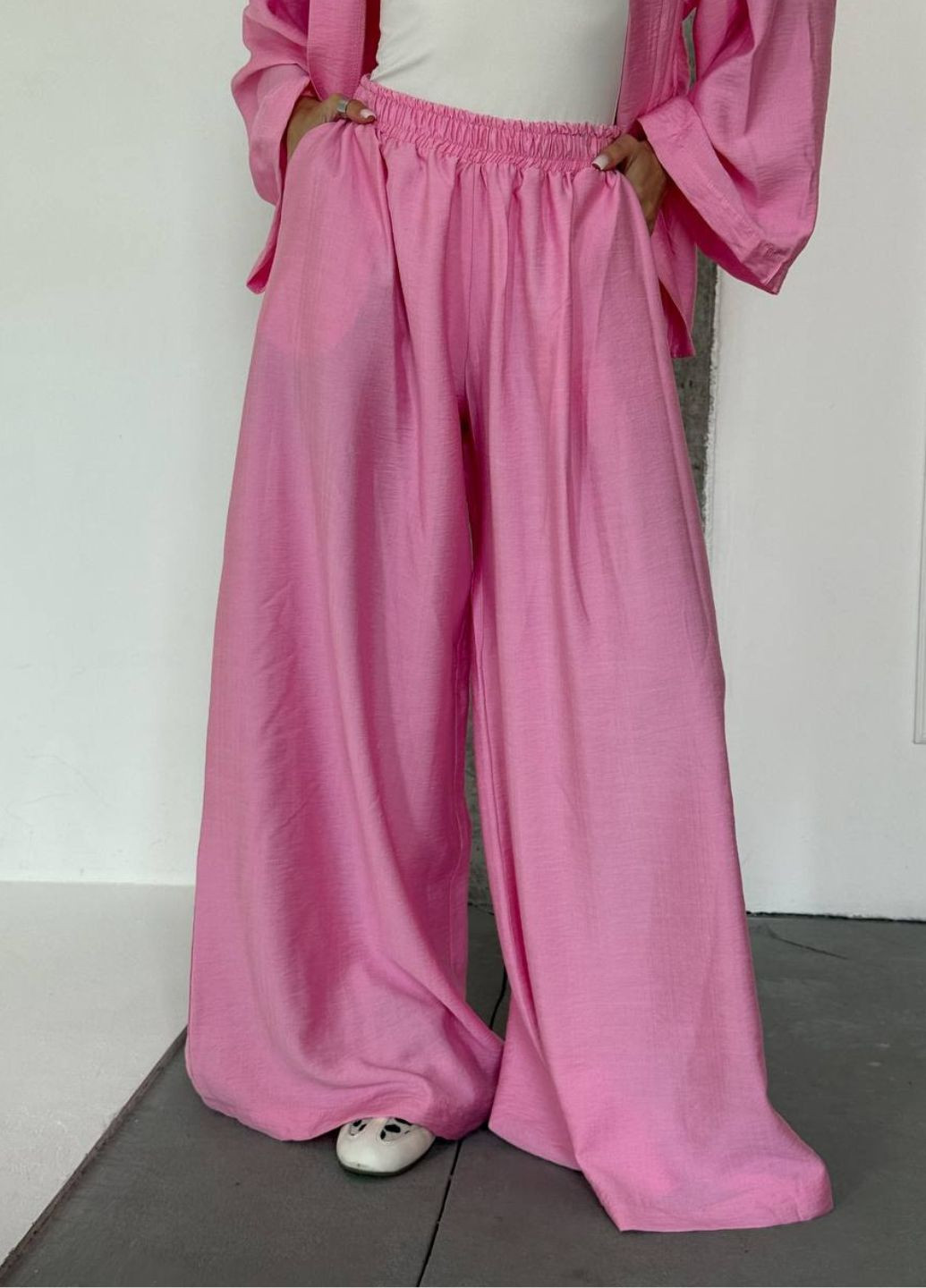 Изысканный легкий летний свободный повседневный костюм двойка: кимоно с поясом + штаны Tik-Tak (348830740)