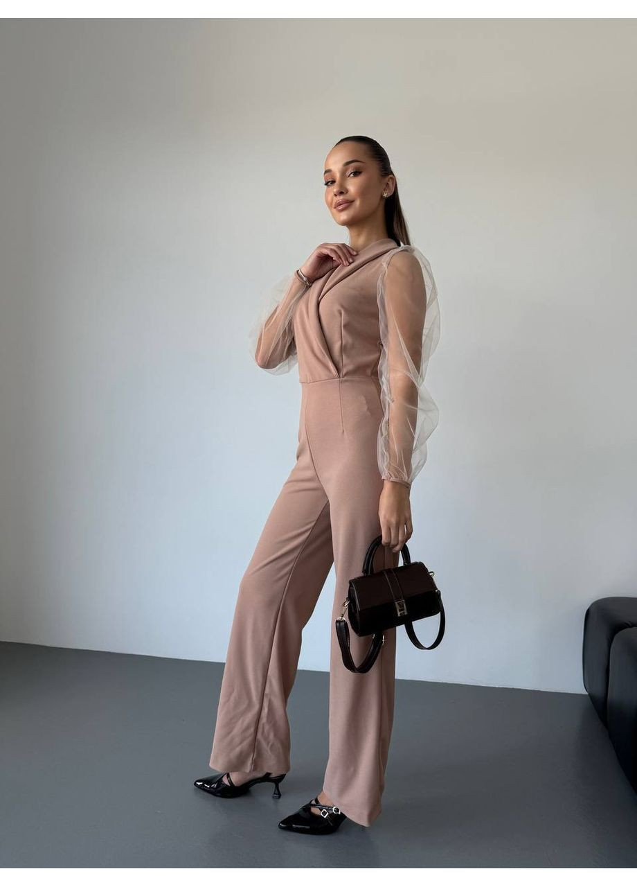 Комбінезон жіночий елегантний Style Point комбінезон-брюки однотонний бежевий святковий, діловий, кежуал креп-дайвінг