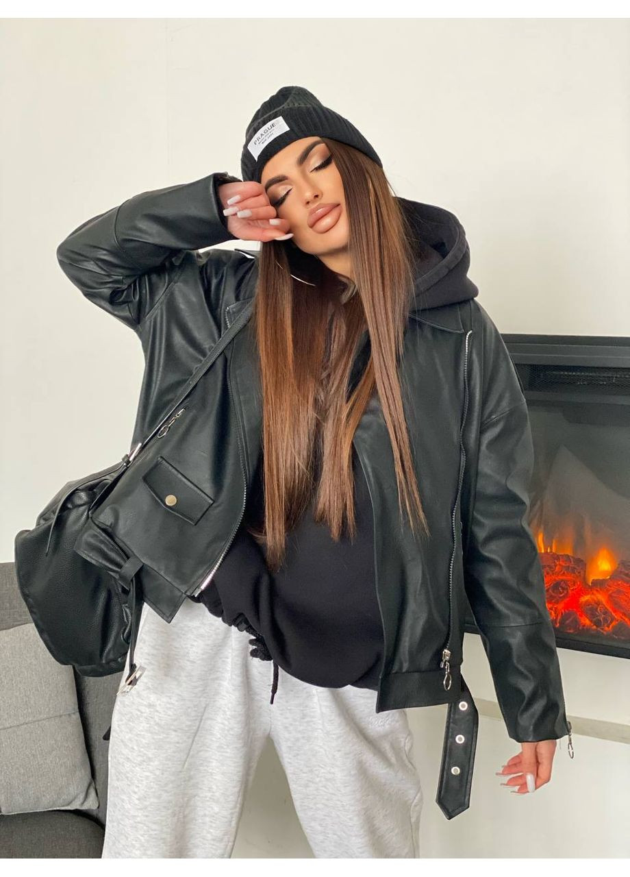 Чорна демісезонна куртка-косуха жіноча оверсайз яскраво-рожевого кольору No Brand