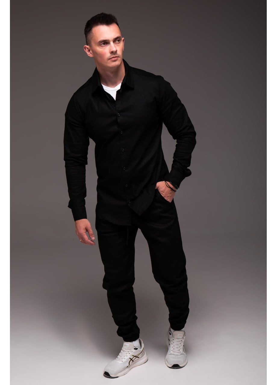 Чорний демісезонний стильний чоловічий костюм з натурального льону з сорочкою, брючний Vakko