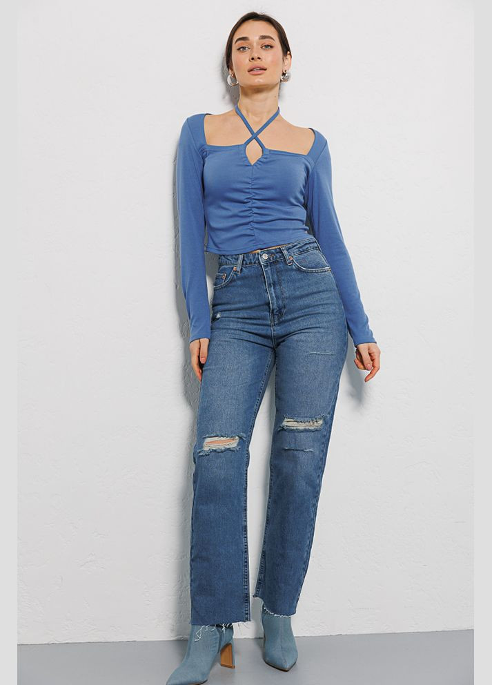 Трикотажний кроп-топ кольору джинс із довгими рукавами та шлейкою через шию Arjen (289756744)
