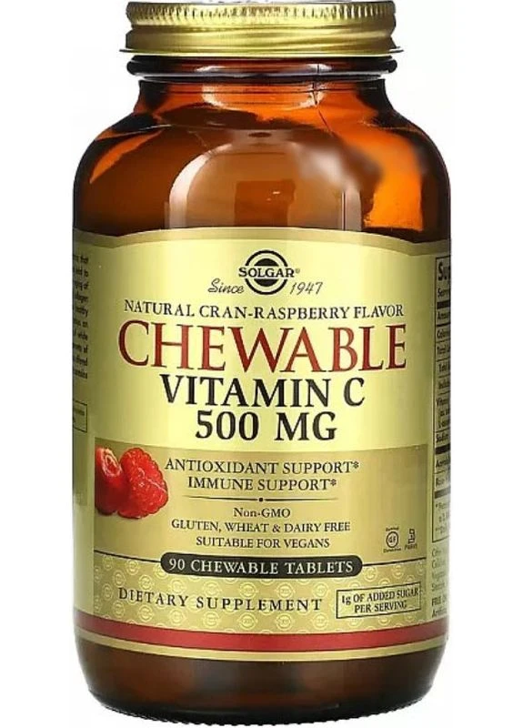 Витамин С жевательный Chewable Vitamin C 500 мг 90 таб клюква-малина Solgar (359473202)