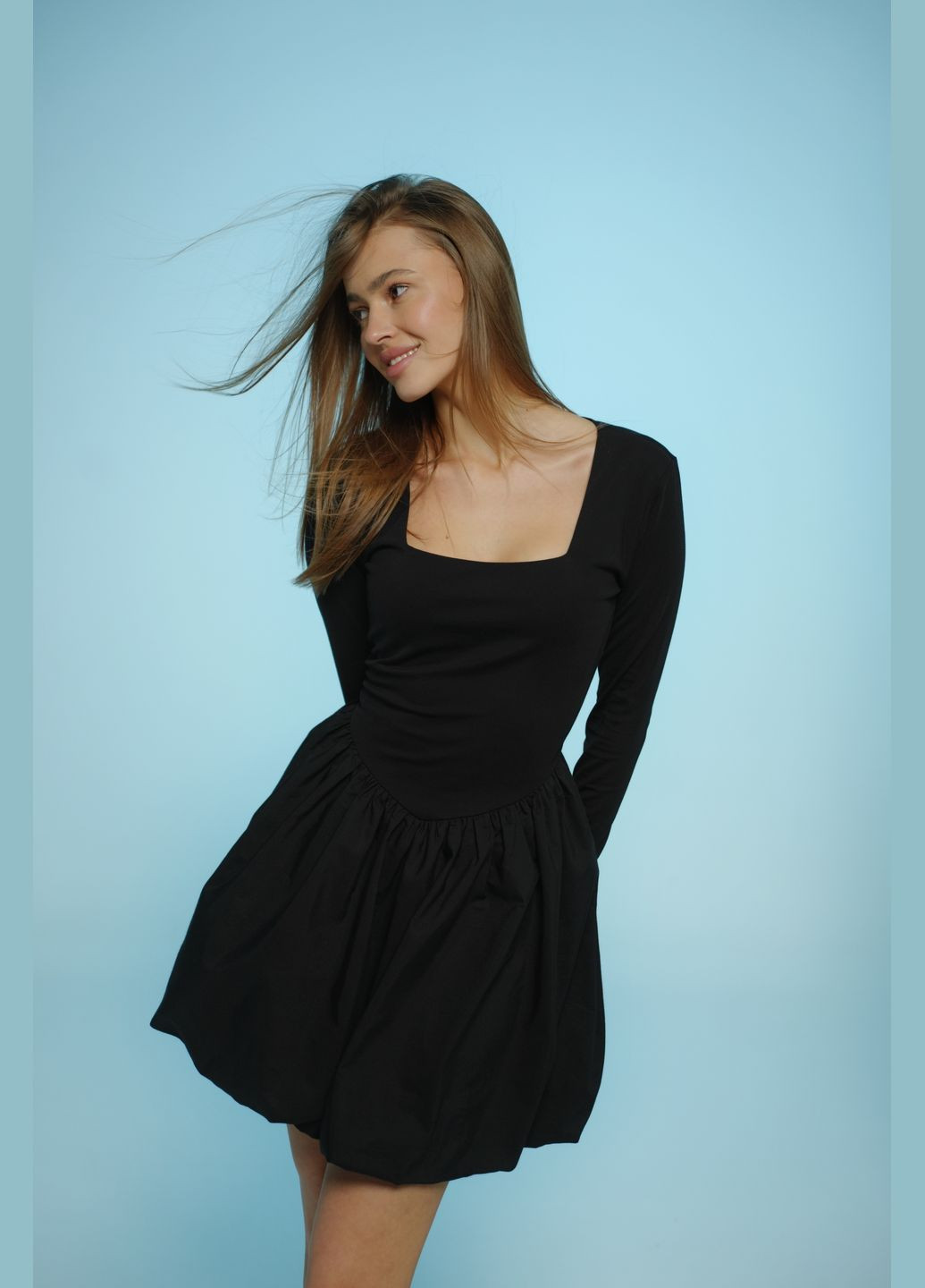 Чорна сукня балон трикотажна з спідницею-сонце Twice