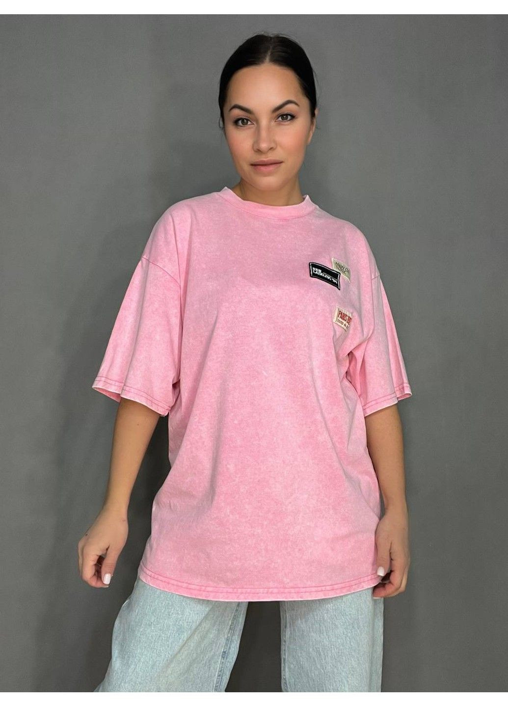 Футболка женская A-N 25012 удлиненная оверсайз с нашивками патчами впереди one size No Brand - (316578224)