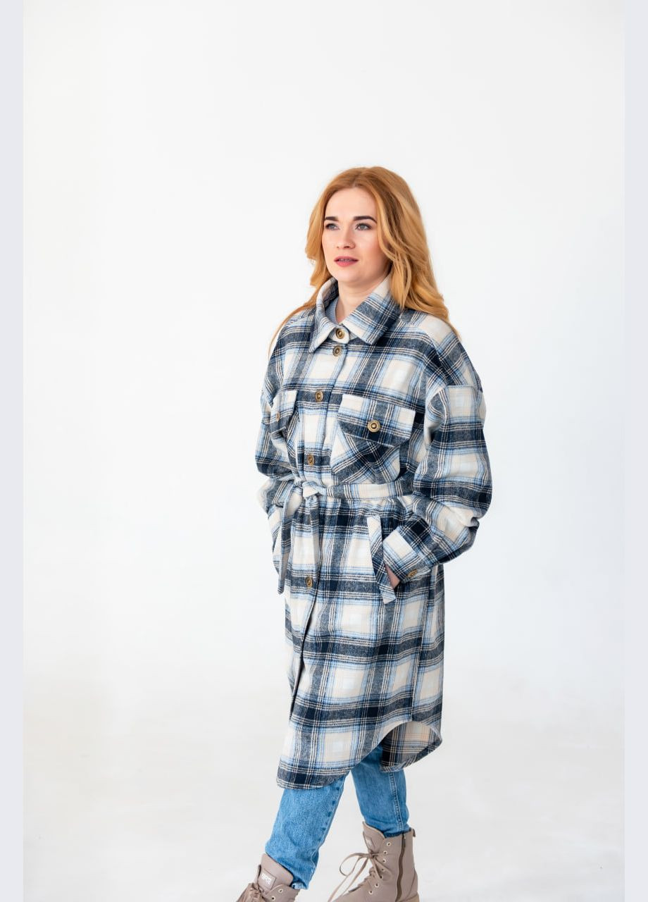 Молочное демисезонное Молочное теплое демисезонное удлиненное клетчатое женское пальто-рубашка оверсайз в клетку с поясом с карманами на кнопках пальто-рубашка No Brand