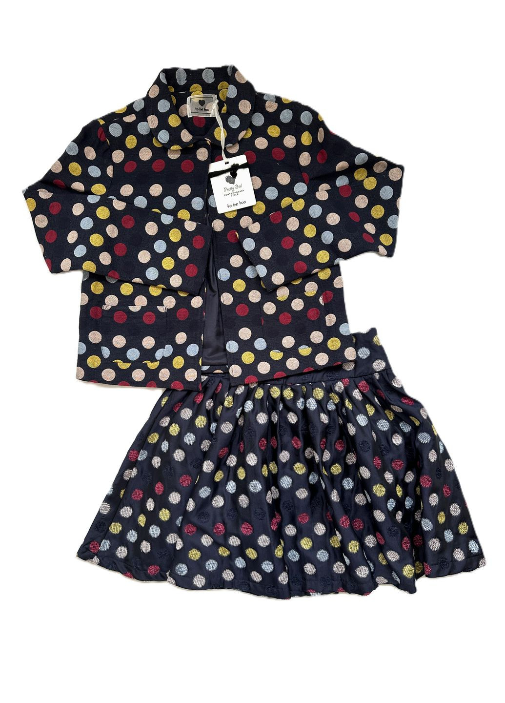 Темно-синий демисезонный костюм для девушки жакет + юбка темно-синий в горохе юбочный To Be Too