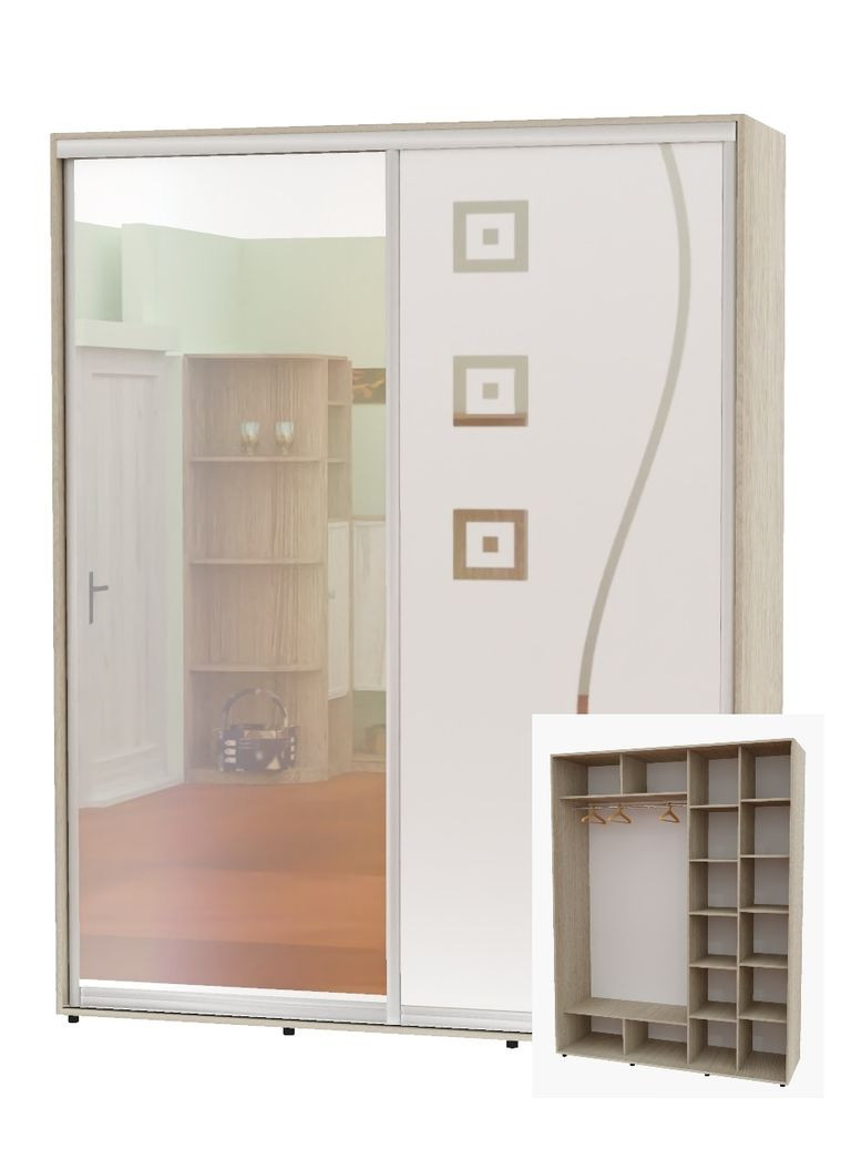 Шафа-купе дводверна 200*60*240 Дуб Шамони світлий Дзеркало/Дзеркало з піскострумним малюнком Алекса (360458356)