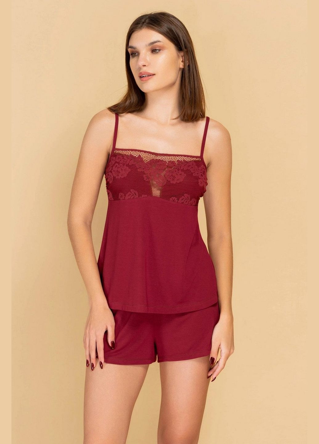 Бордовая всесезон пижама из модала с шортами майка + шорты Obrana 808-6804 marsala