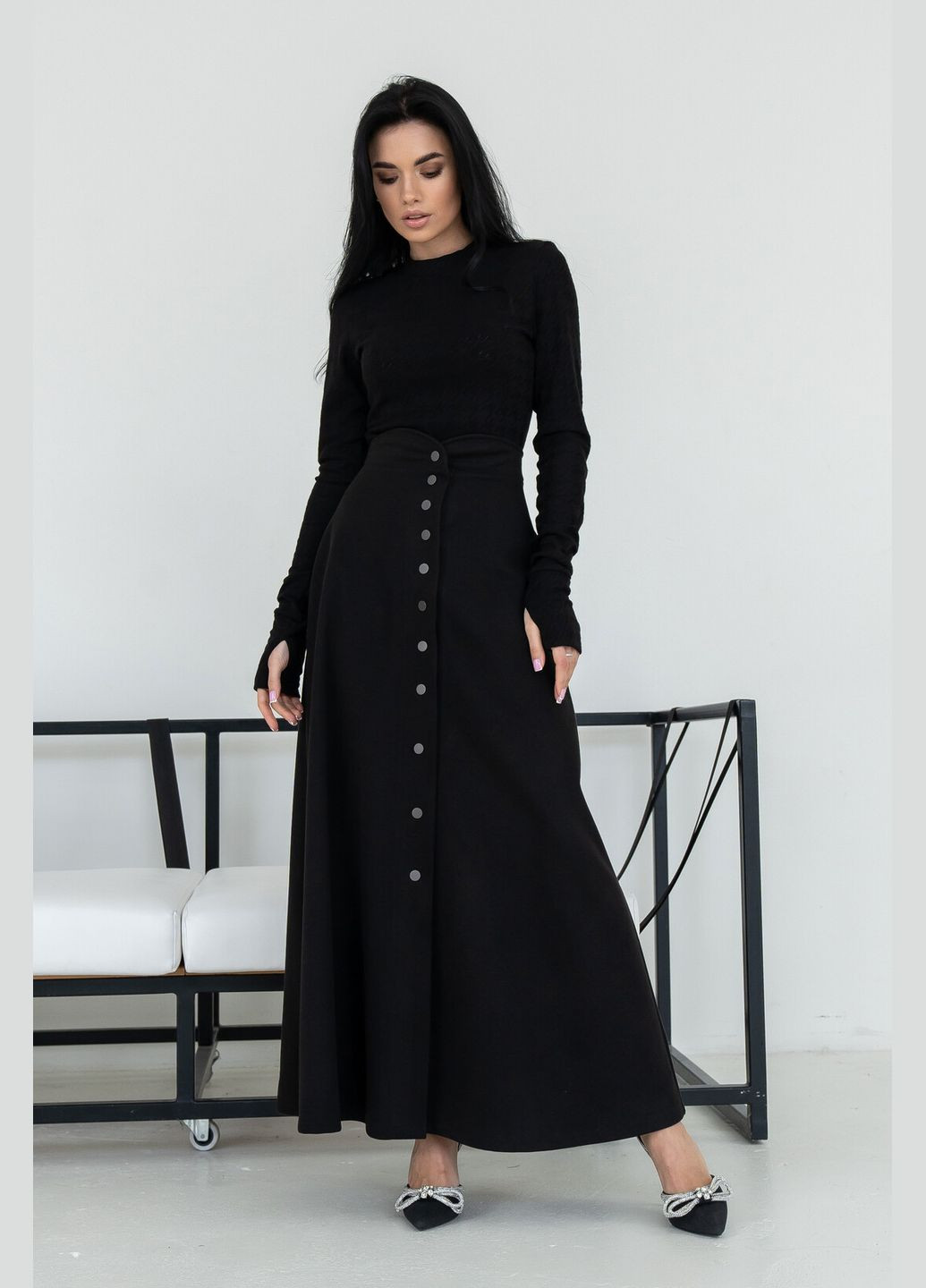 Довга розкльошена спідниця з трикотажу — тепла спідниця з центральною застібкою на кнопках (СП 0623) RiMari (361032741)