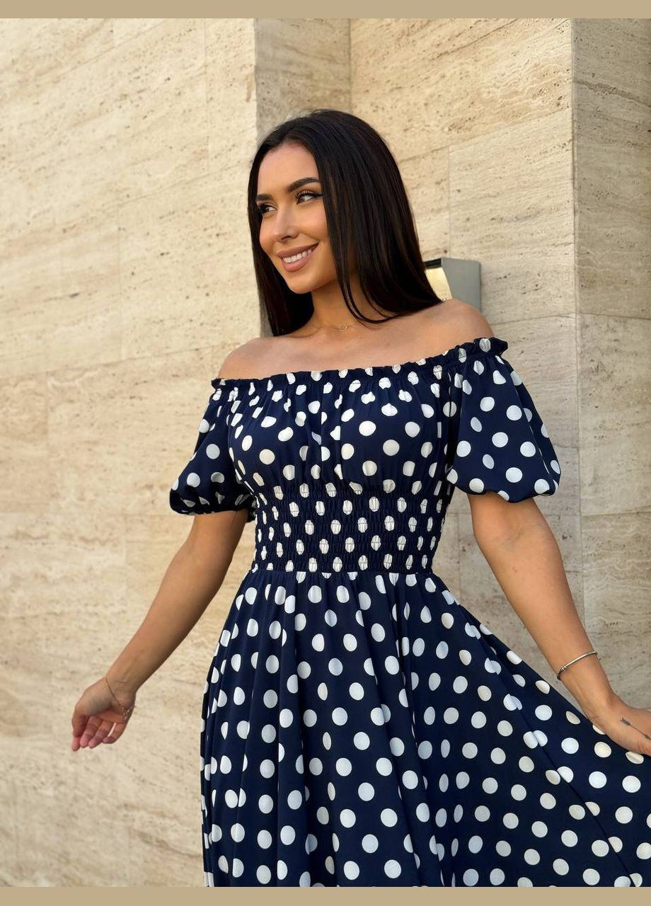 Синее вечернее воздушное платье макси синего цвета 31300 клеш No Brand в горошек