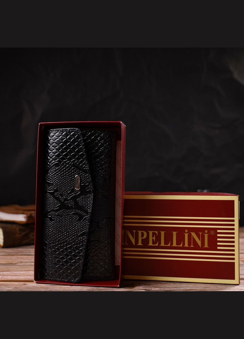 Фактурное женское лакированное портмоне из натуральной кожи с тиснением под змею 21700 Черное Canpellini (298569641)