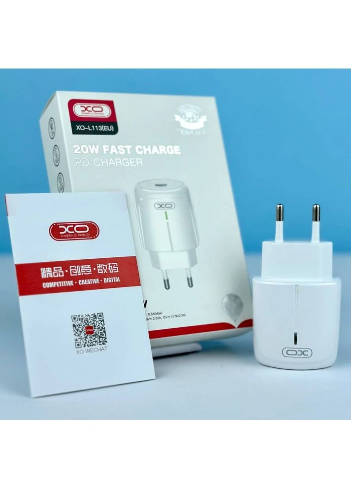 Мережевий зарядний пристрій L113 PD 20W (1USB-C) з кабелем Type-C - Lightning білий XO (389206833)