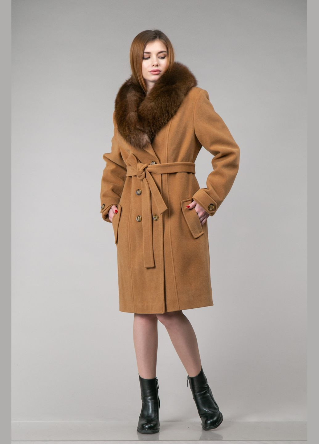 Коричневое зимнее Пальто из шерстяной ткани двубортное Chicly Furs