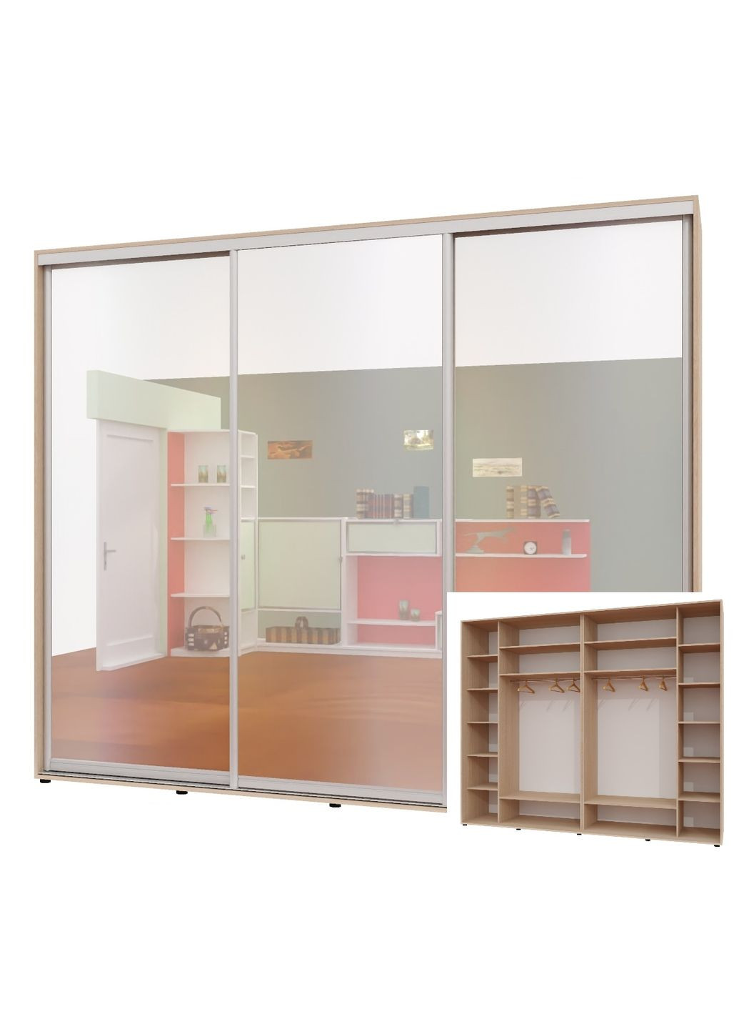 Шафа-купе тридверна 300*60*220 см Дуб молочний 3 двері Дзеркало Люкс-147 Алекса (360442977)