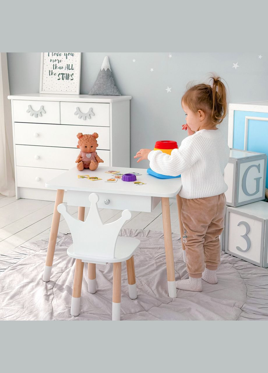 Дитячий столик і стільчик корона білий. Столик із шухлядою для олівців і розмальовок 66928 No Brand (361259097)