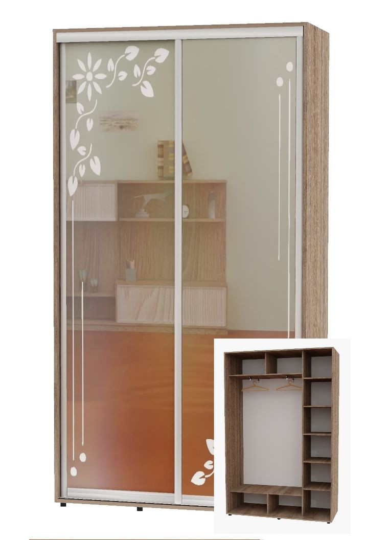 Шафа-купе дводверна 150*45*250 Дуб Сонома трюфель Дзеркало з піскострумним малюнком Алекса (360477240)