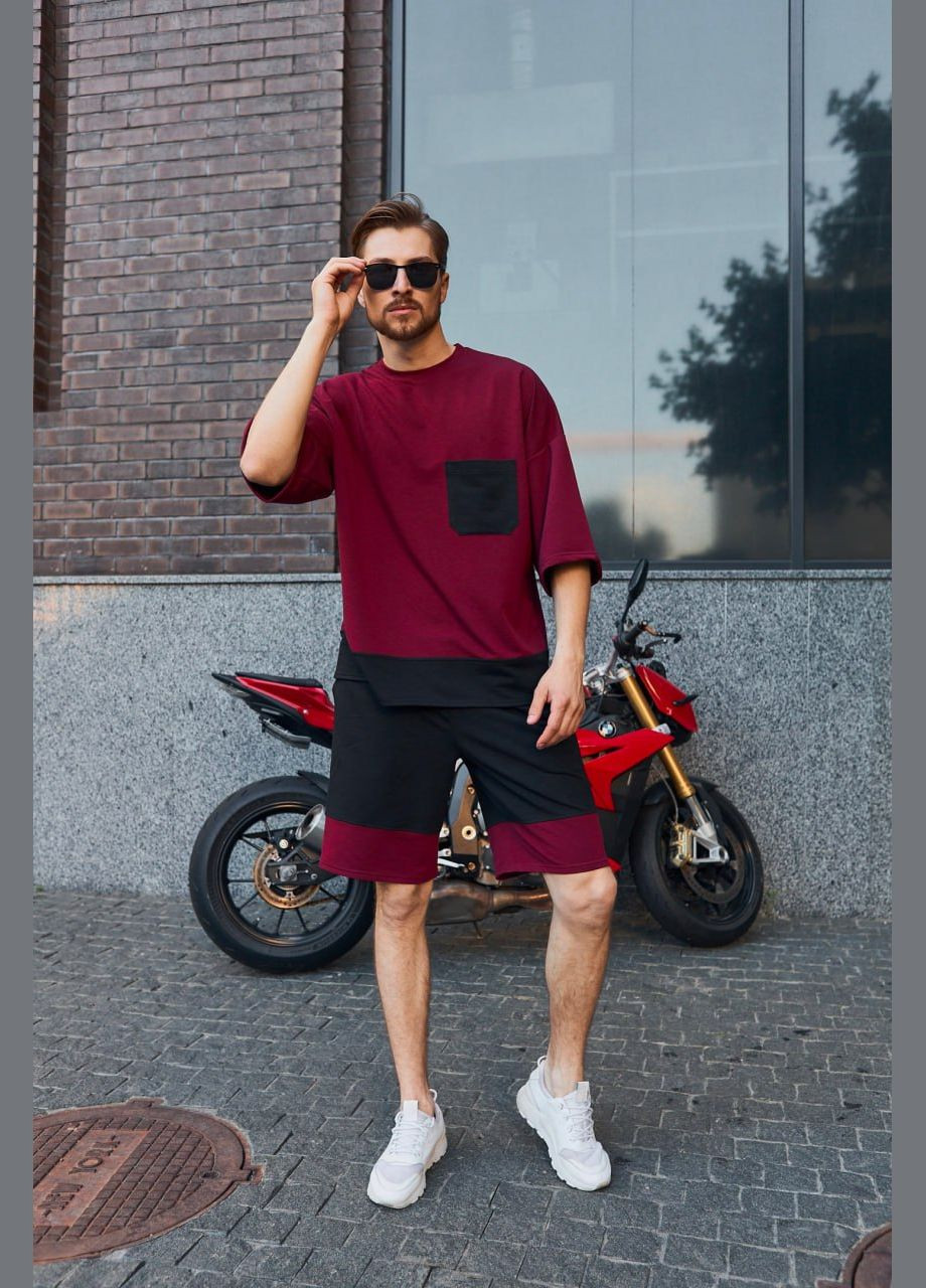 Бордовый летний комплект мужской оверсайз (шорты+футболка) No Brand комплект