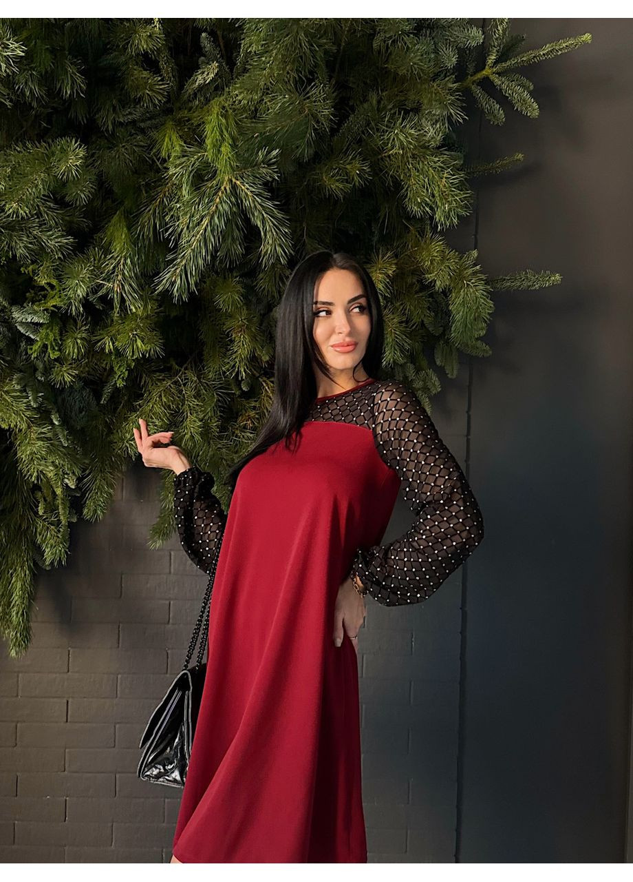 Темно-червона вечірня сукня з прозорими рукавами Fashion Girl