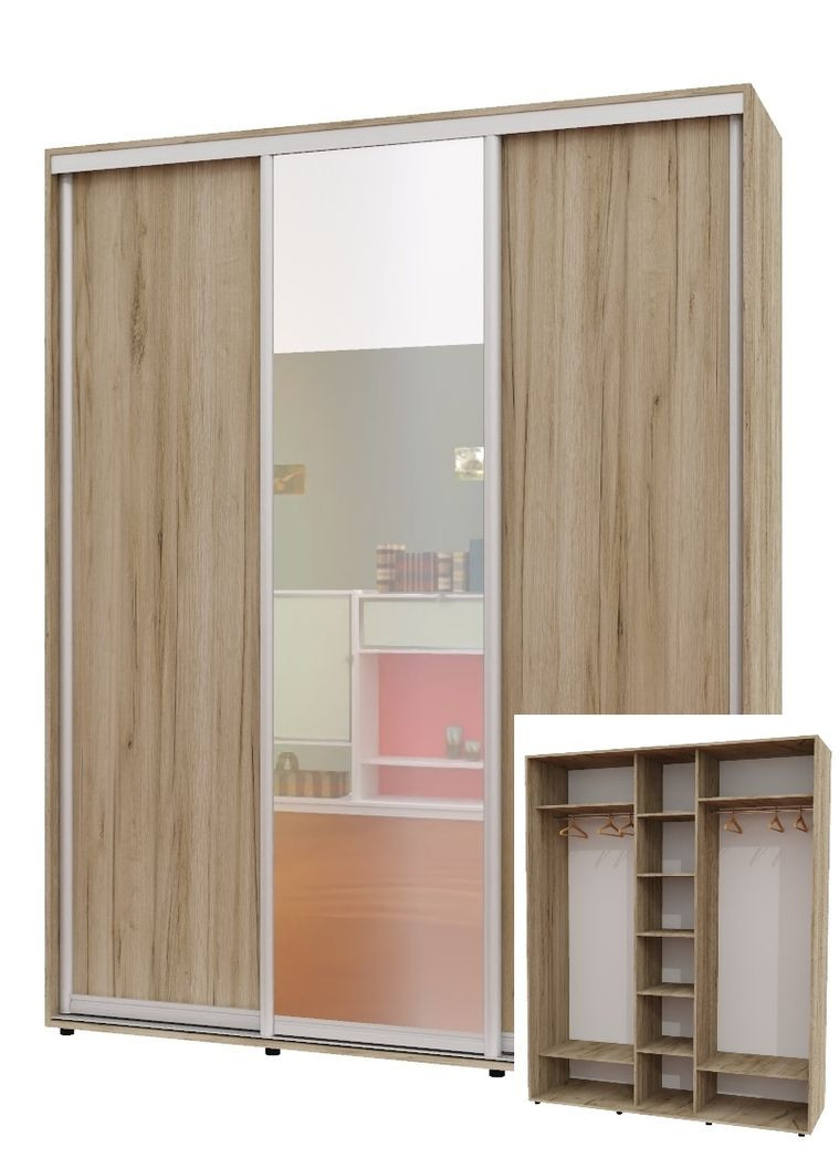 Шафа-купе тридверна 200*60*250 см Дуб крафт сірий 3 двері ДСП + Дзеркало + ДСП ШК-04 Алекса (360446985)
