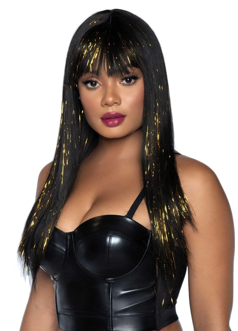 Чорна перука із золотими пасмами Long bang wig with tinsel, 60 см Leg Avenue (311603988)