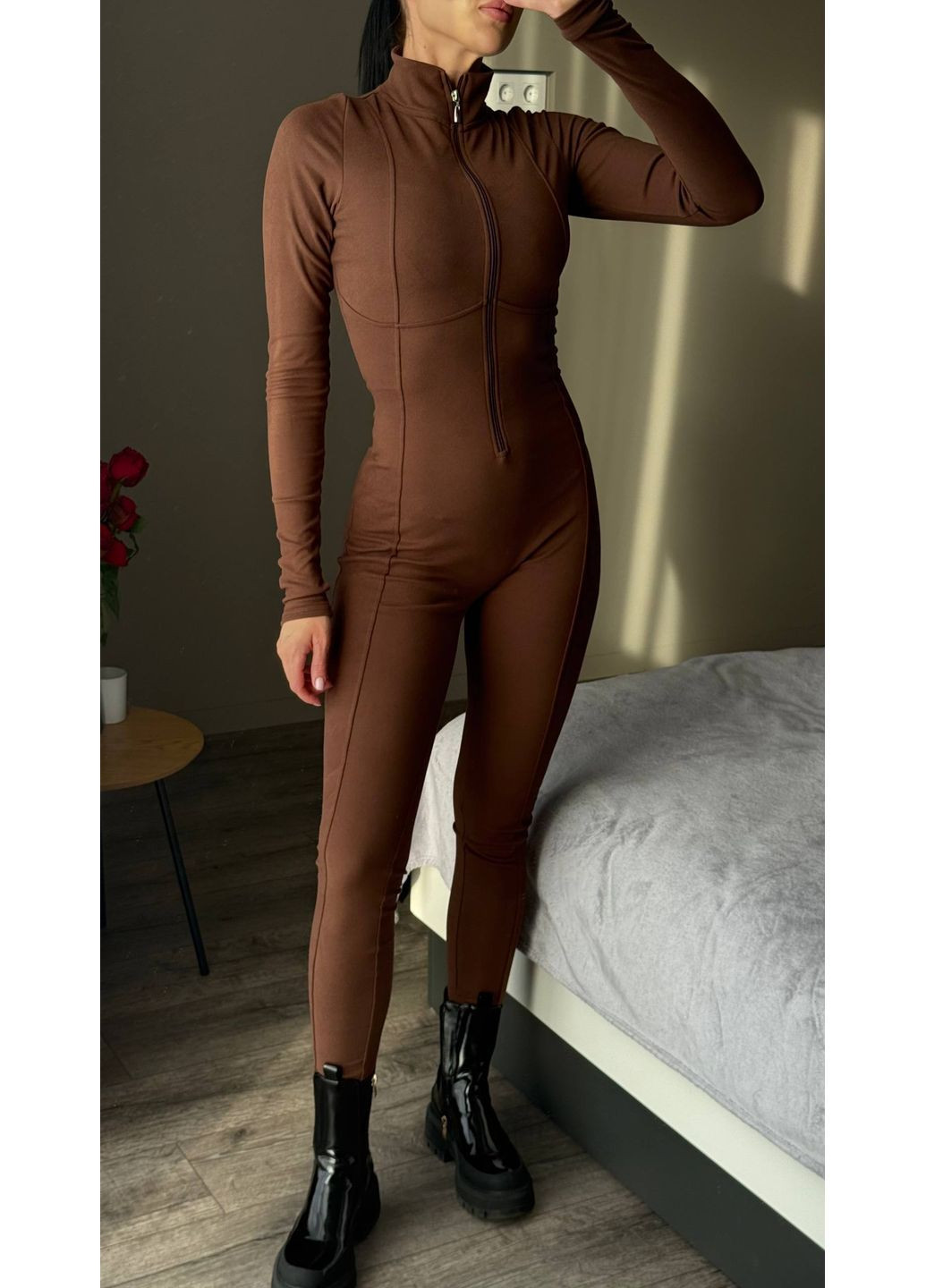 Комбинезон женский термо Style Point комбинезон-брюки однотонный коричневый повседневный, кэжуал