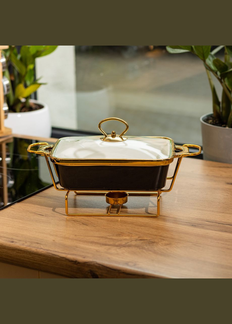 Мармит керамический со стеклянной крышкой 31х16х15.5 см на металлической подставке 1 л Черный HTJ-1001 Yiwu (327368959)