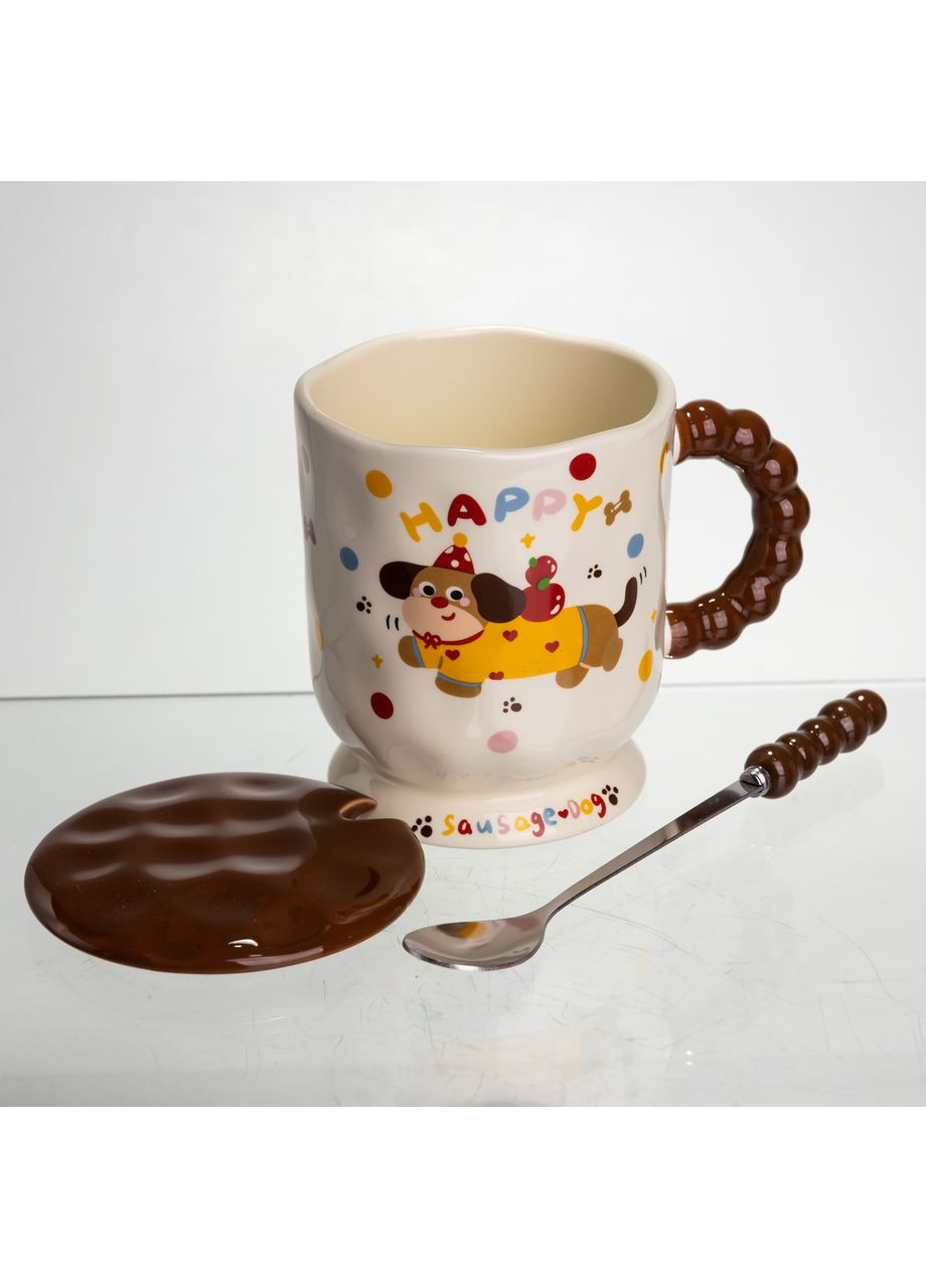 Новорічна порцелянова чашка "Весела Такса" з кришкою та ложкою 400 мл, Святкова кружка чашка для дітей на подарунок FM-17A Jooki (372010866)