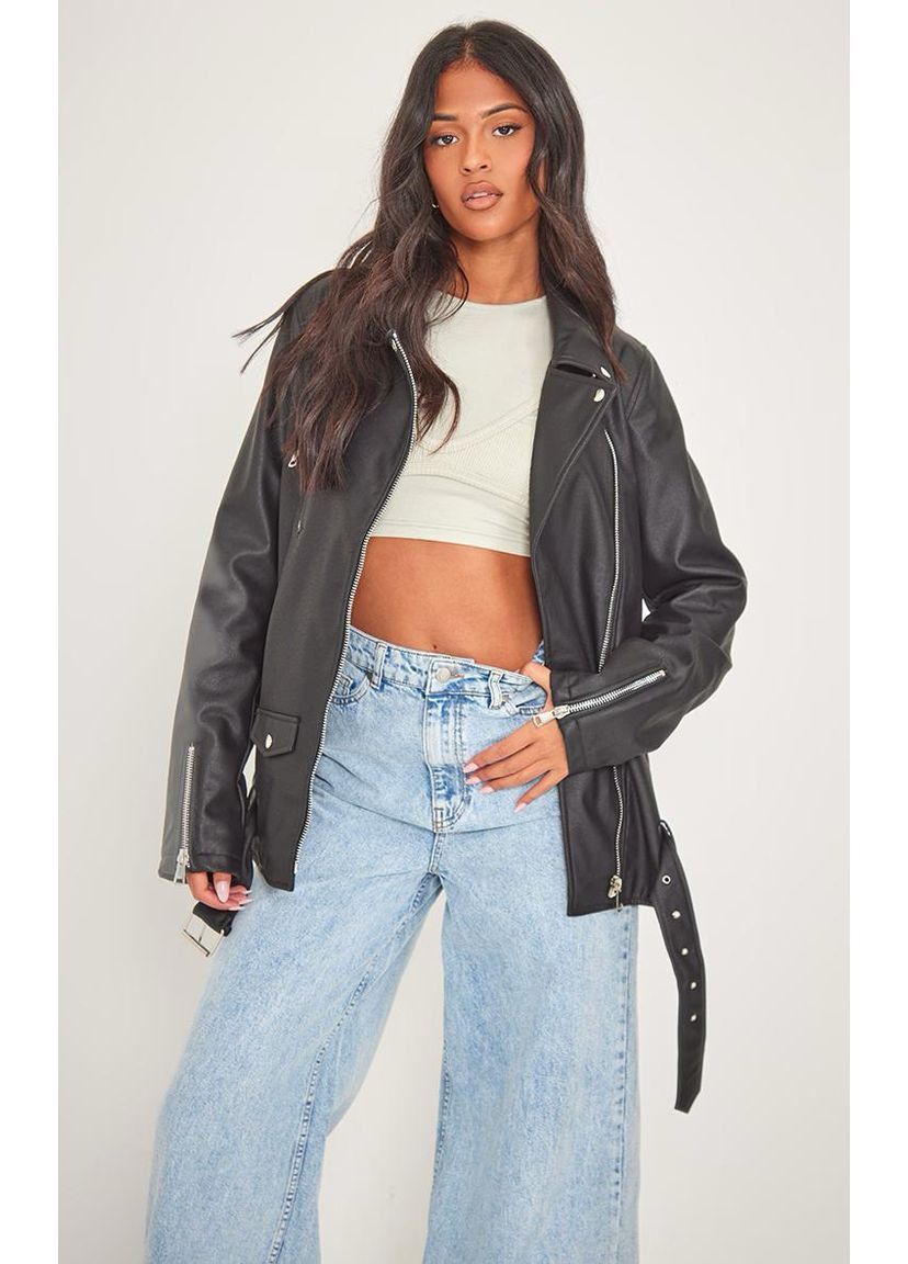 Чорна демісезонна шкіряна куртка чорна м PrettyLittleThing