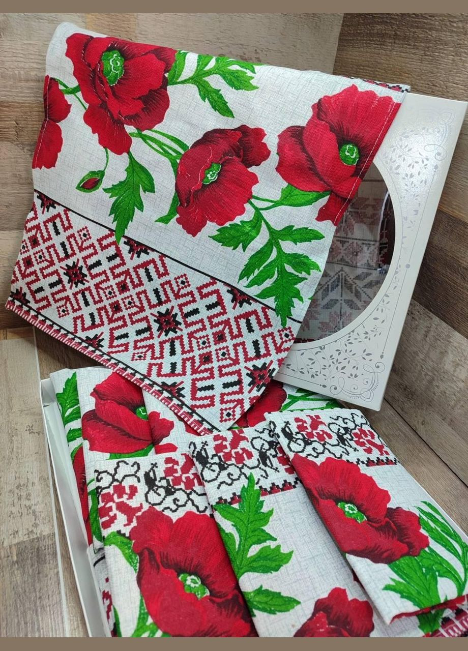 Набор в подарочной коробке льняная в украинском стиле скатерть (110*150)+полотенца 4 шт (35*70) (П4КAl-nabir-lyon-007) No Brand (308755140)