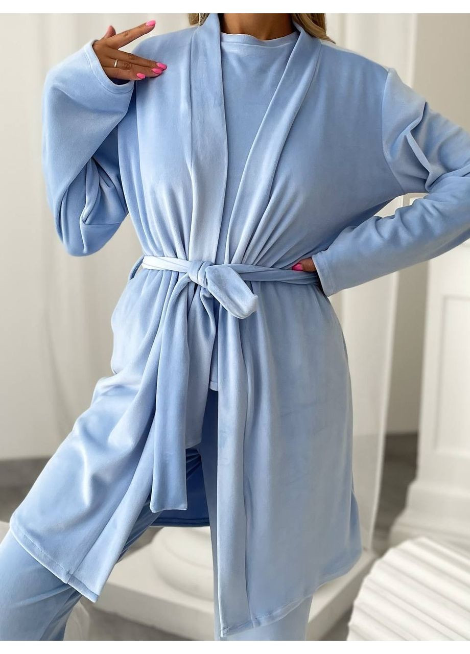 Голубая женская велюровая пижама тройка Osoblyva