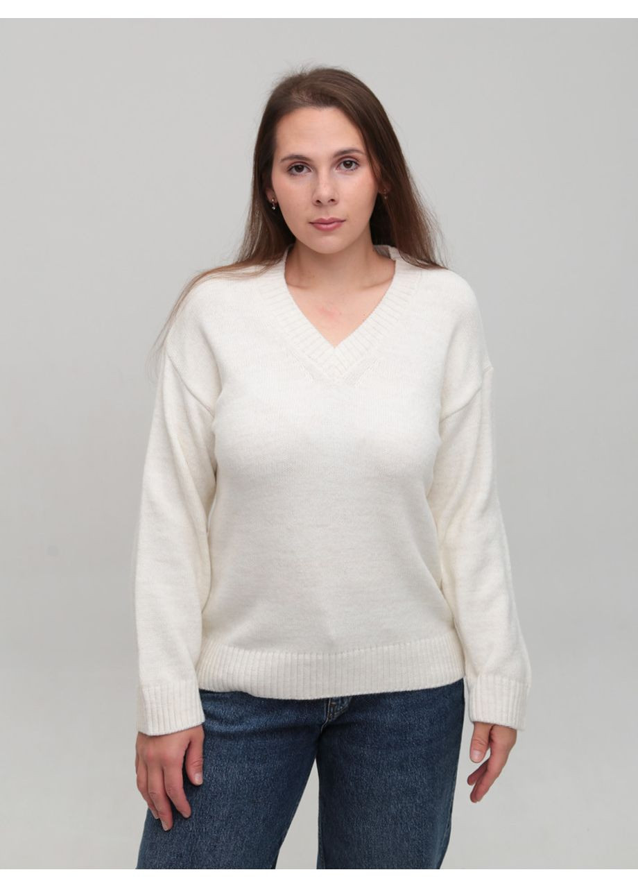 Молочный зимний свитер женский белый с v-образным вырезом джемпер Karon Пряма