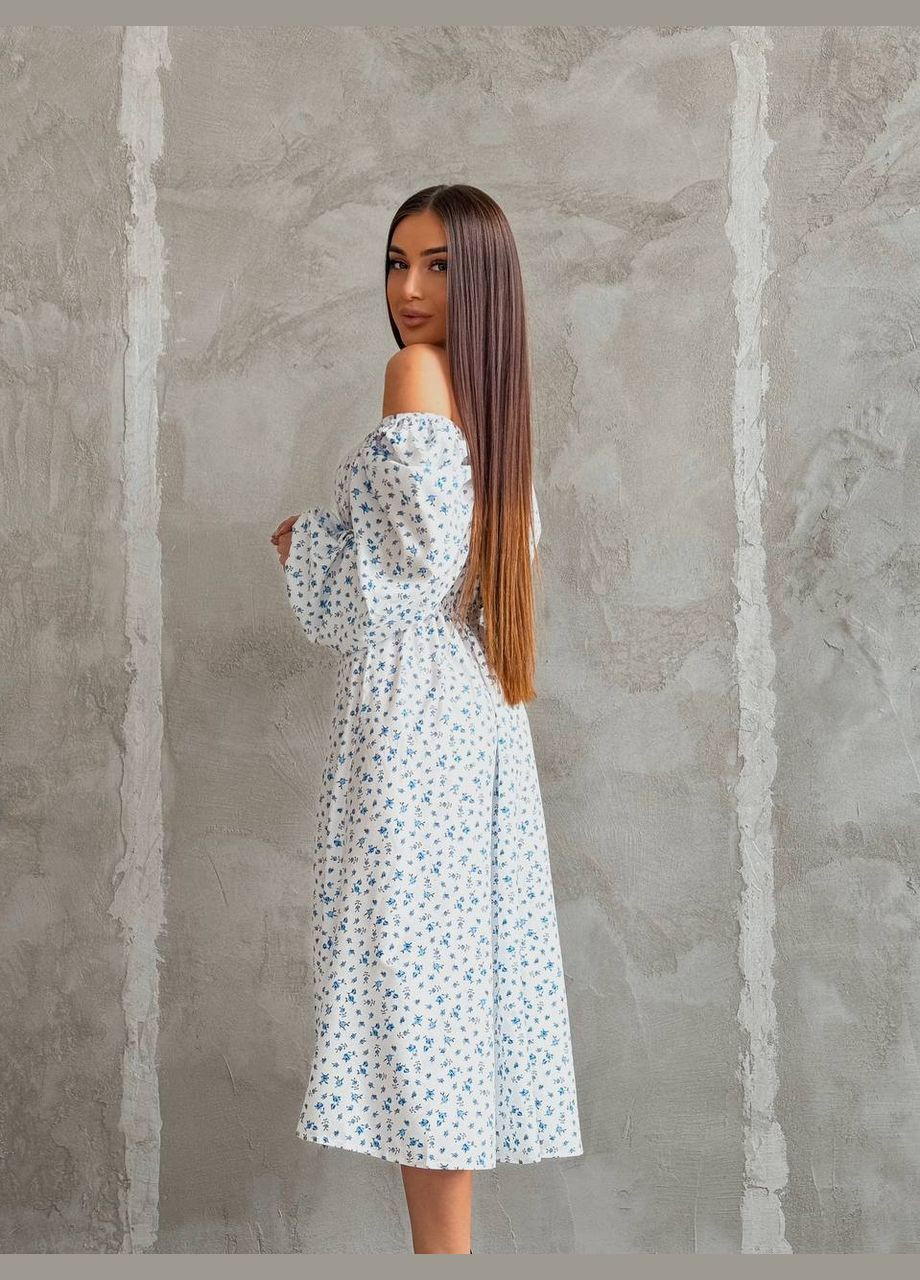 Белоснежное праздничный, повседневный, кэжуал женское платье FINO Mode с цветочным принтом