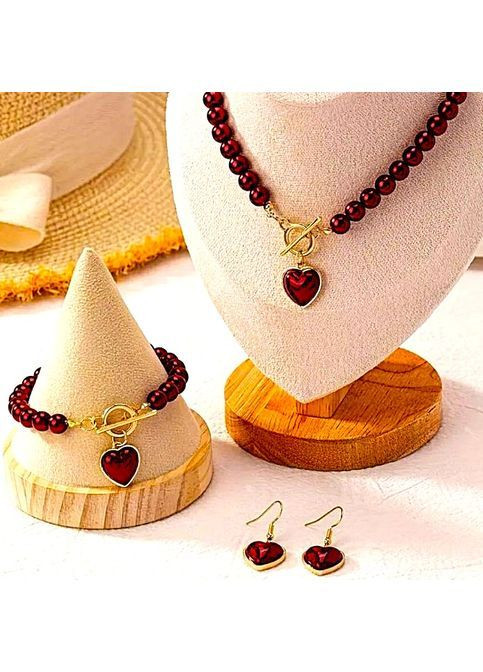 Комплект Колье сережки и браслет Красно-терракотовые бусины No Brand (366741015)