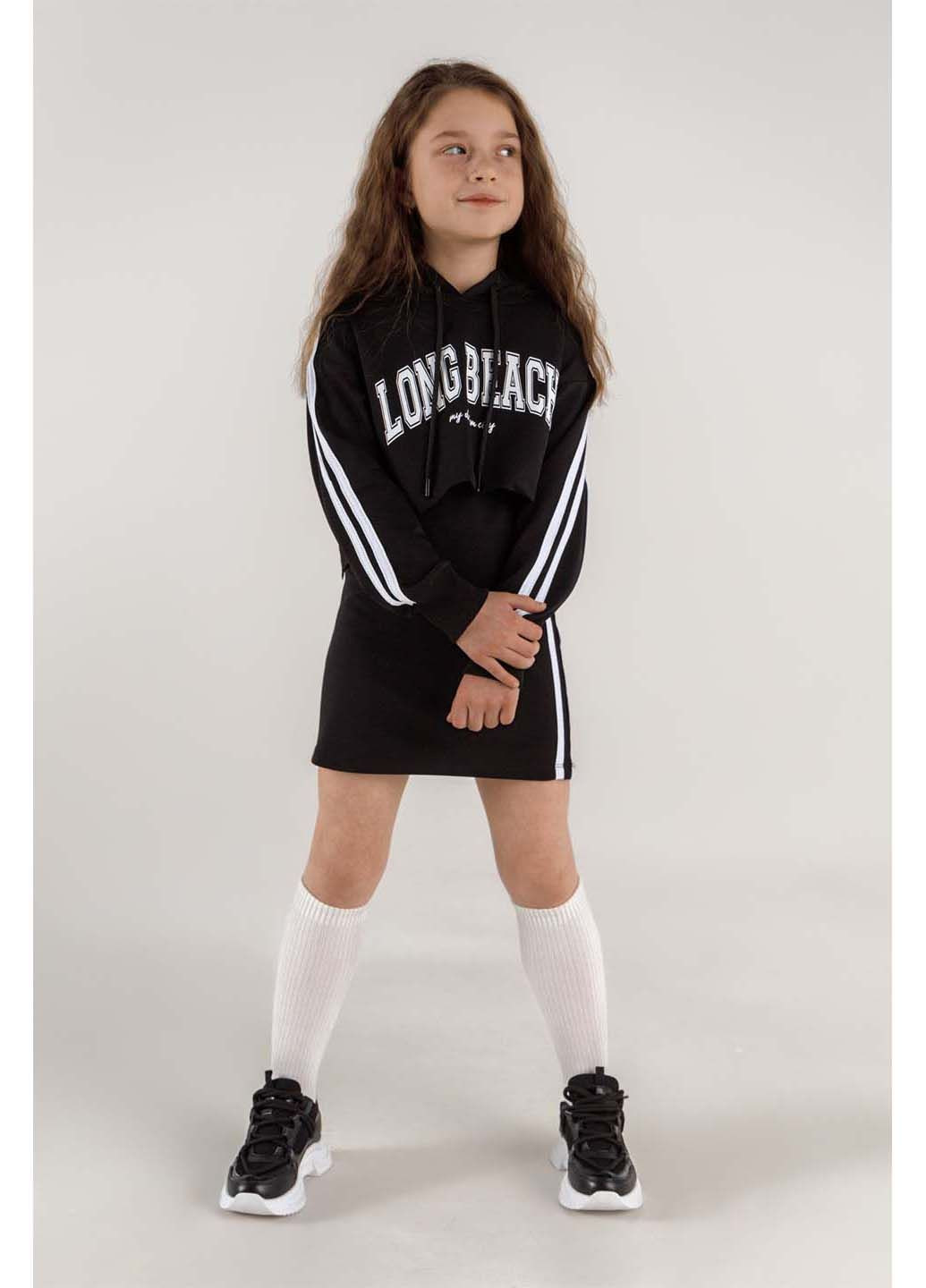 Чорний демісезонний костюм для дівчинки сарафан худі Dinomin