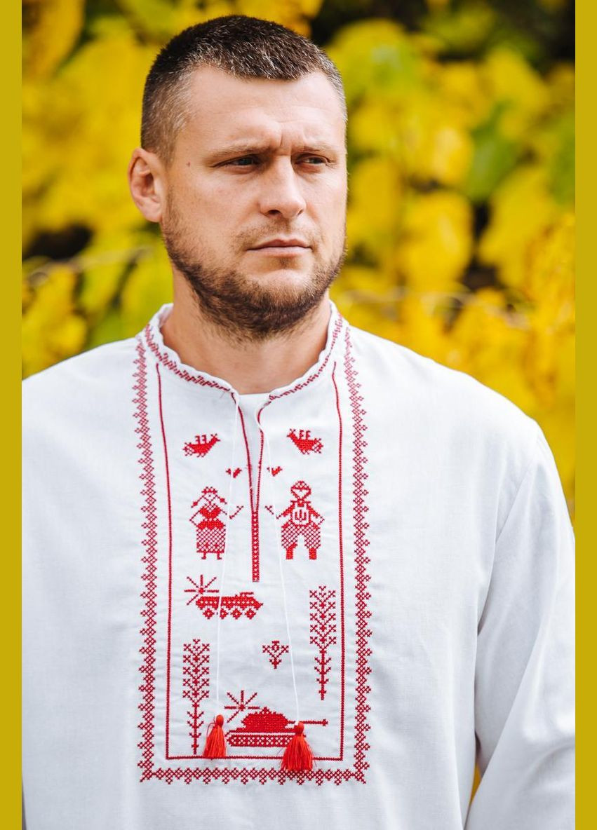 Белая льняная рубашка мужская вышиванка белая с красной современной вышивкой танка и бтр, m лен (301034835)