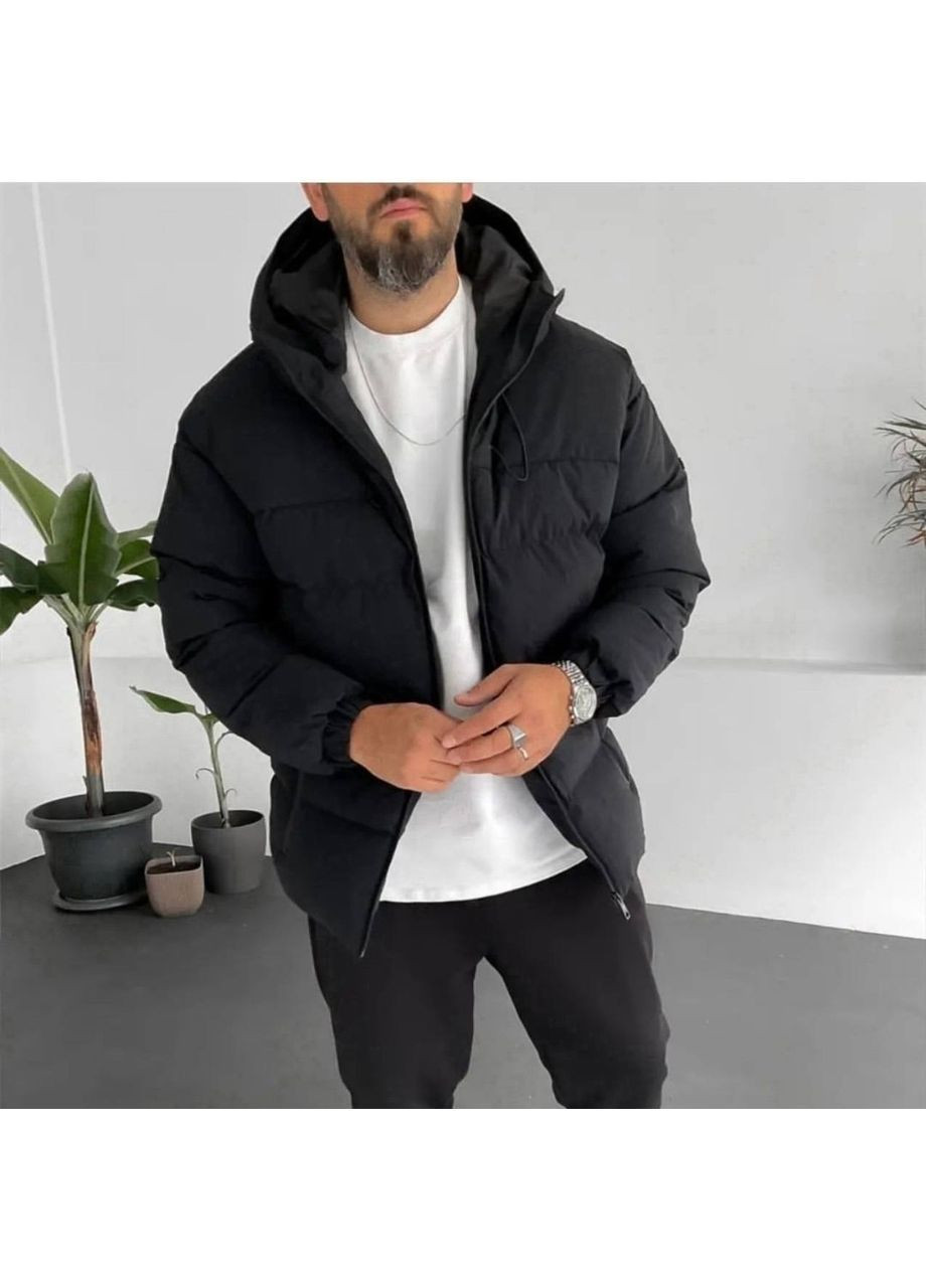 Чорна демісезонна чоловіча зимова куртка з капюшоном Гермес